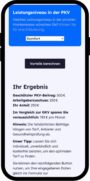 PKV Beitrags-Rechner Ergebnis auf privatversichert.net